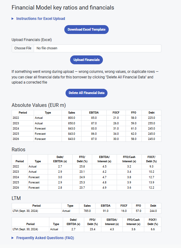 Screenshot of Excel financial upload feature